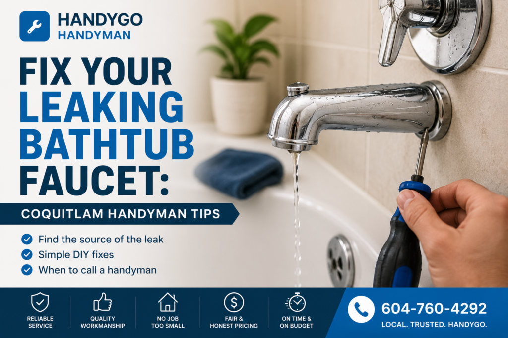 Handyman repairing a leaking bathtub faucet in a Coquitlam bathroom with DIY plumbing tips from HANDYGO Handyman.