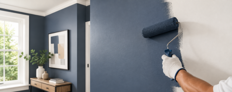 Interior painting repair in a Coquitlam home, showing a freshly painted navy accent wall and a close-up of a roller applying paint