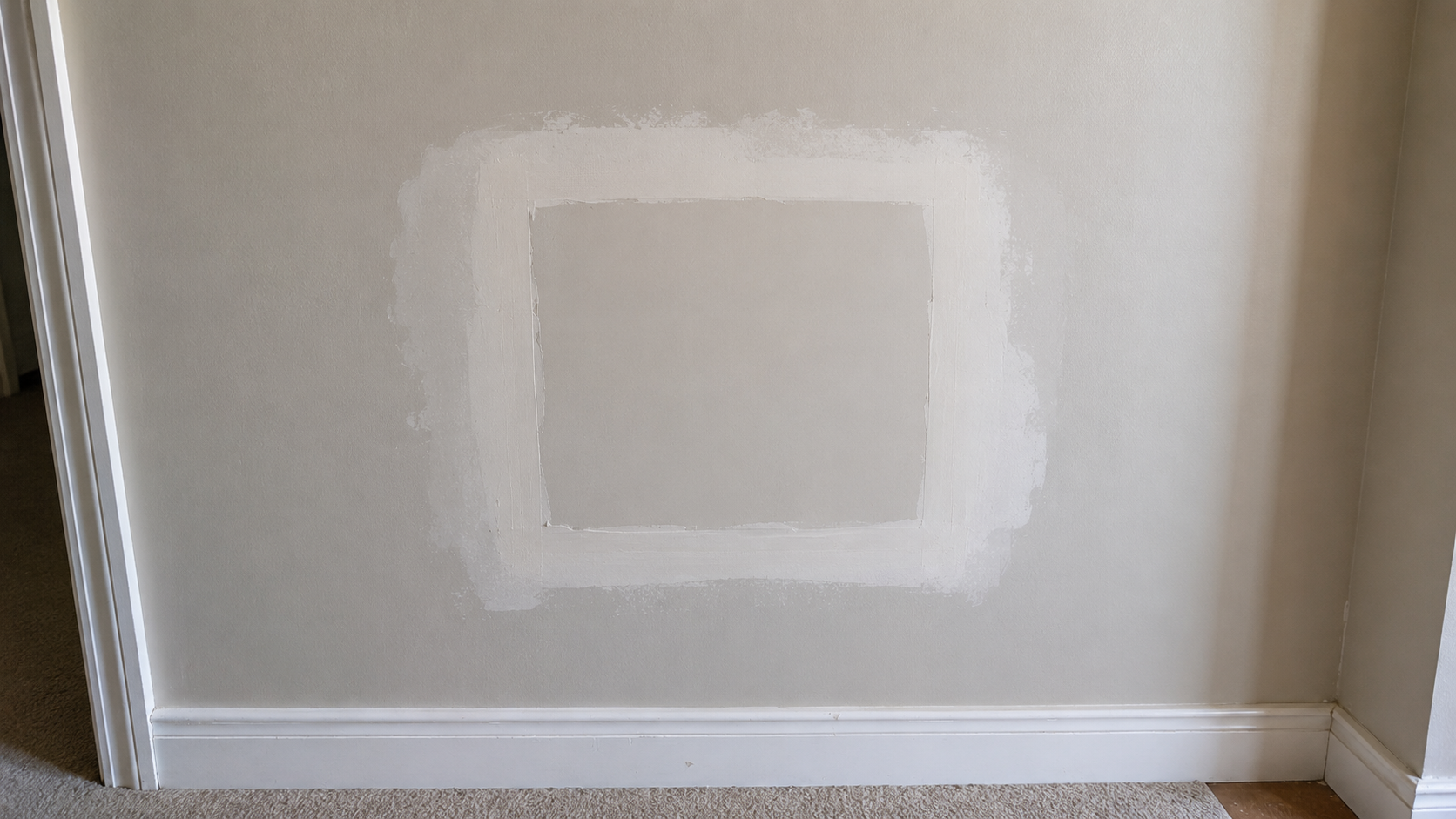 Drywall hole patched, sanded and primed on a Coquitlam wall, blended flush and ready for the topcoat of paint