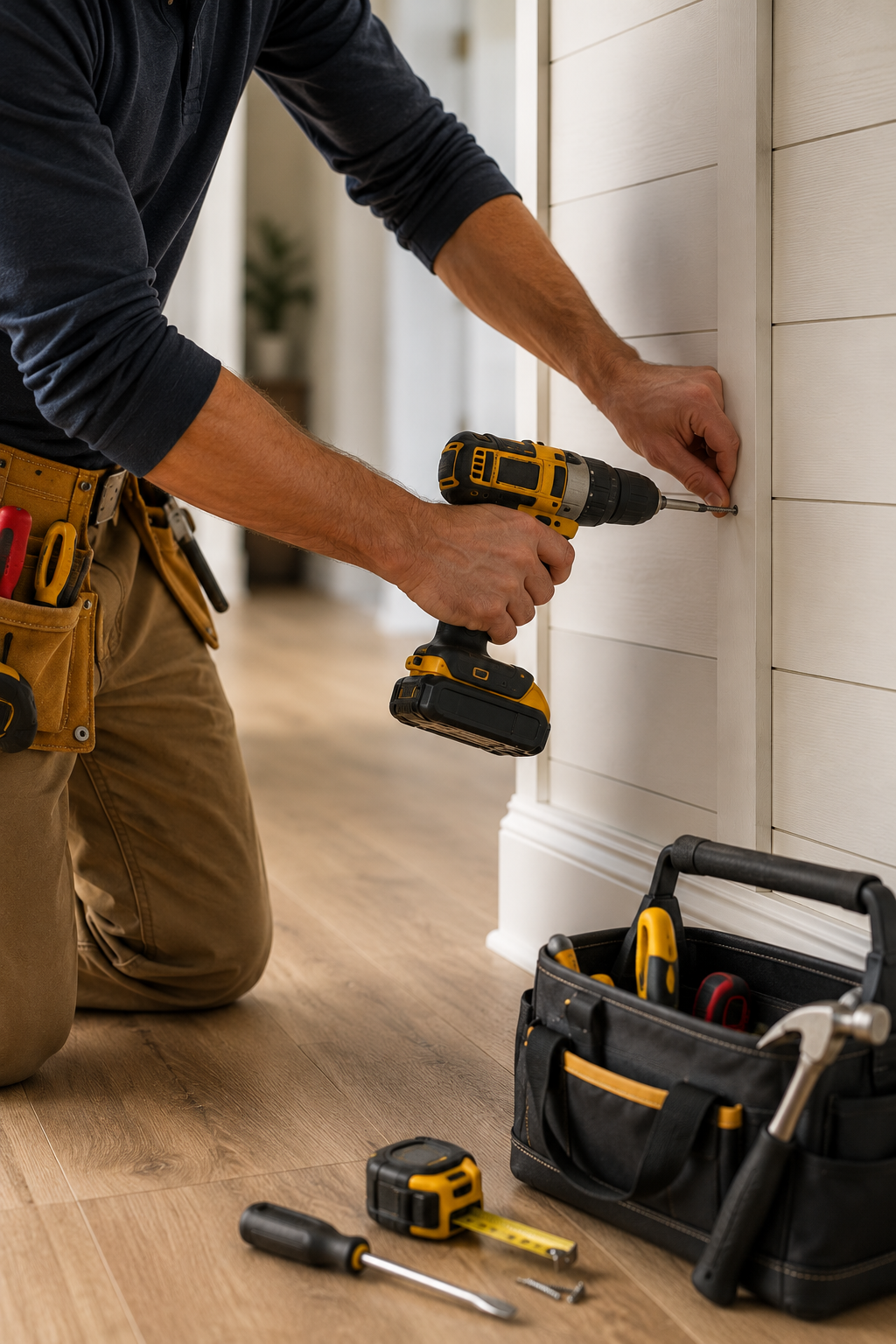 IKEA Assembly Service: A Homeowner's Guide to Hiring a Professional Professional handyman using a cordless drill to assemble and fasten a furniture panel, with a tool belt and toolbox nearby