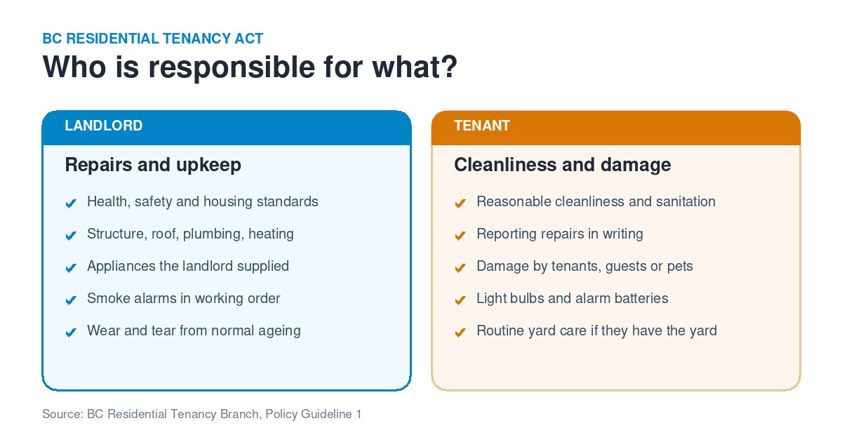 Who is responsible for repairs in a BC rental: landlord duties for structure, appliances and smoke alarms versus tenant duties for cleanliness and damage