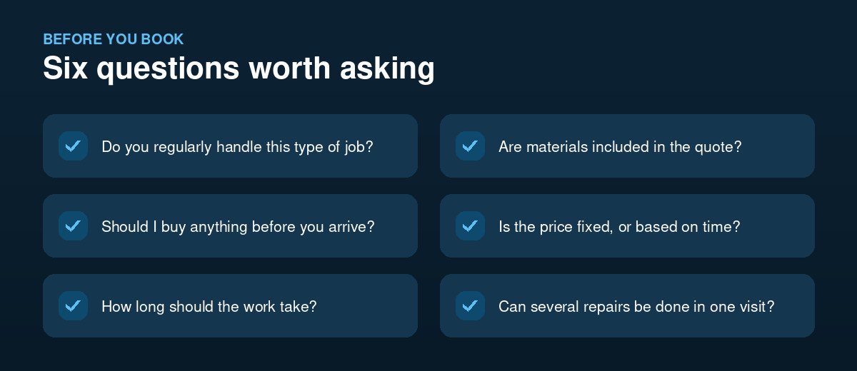 Handyman Burnaby: Best Services for Home Repairs (2026 Guide) Six questions to ask a Burnaby handyman before booking, covering scope, materials, pricing and timing