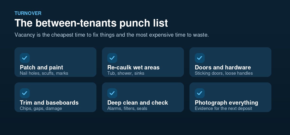Between-tenants punch list for landlords: patch and paint, re-caulk wet areas, fix doors and trim, deep clean and photograph the unit