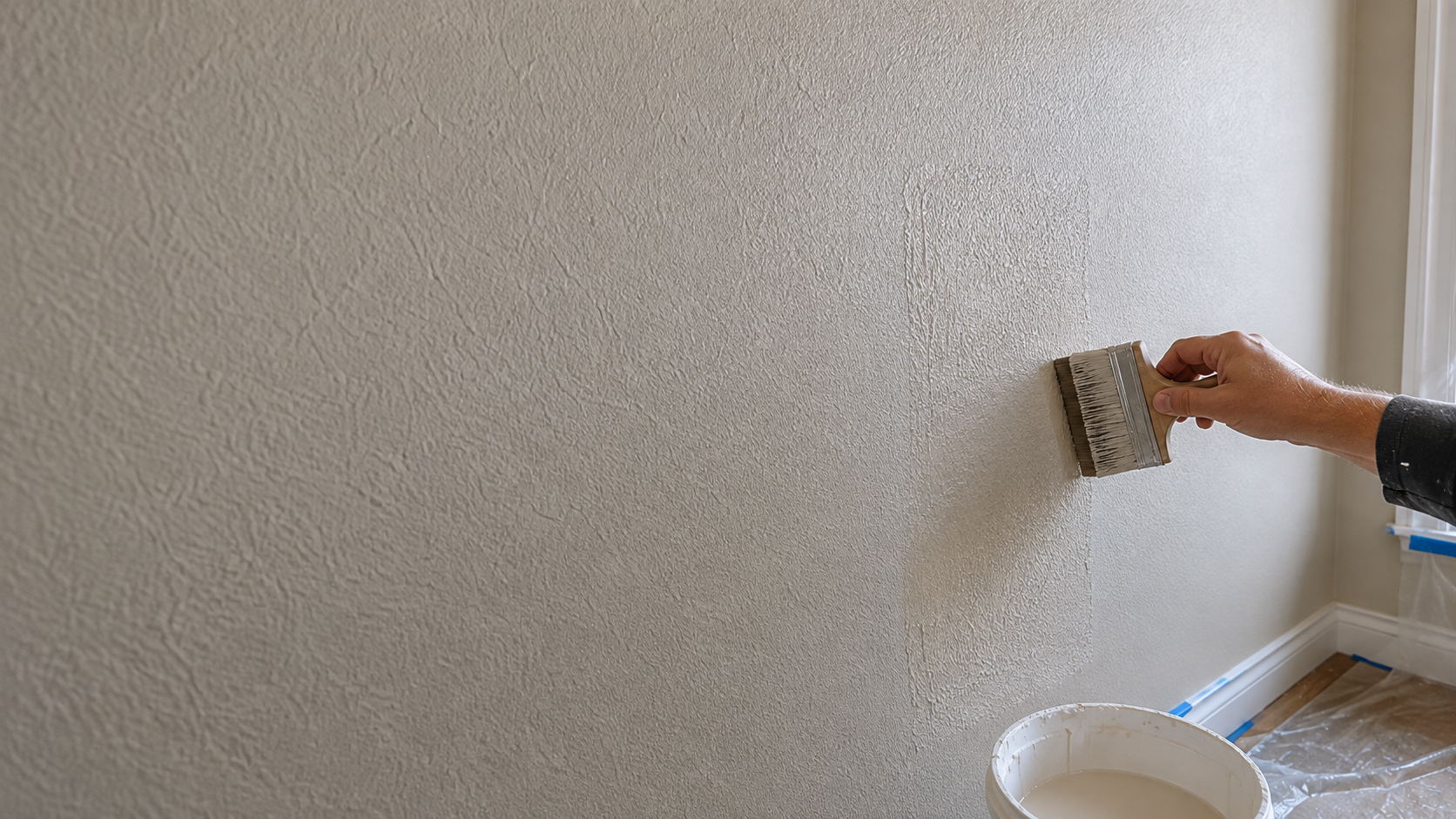 Hand blending wall texture into a repaired drywall patch with a paint brush before painting, matching the surrounding wall finish