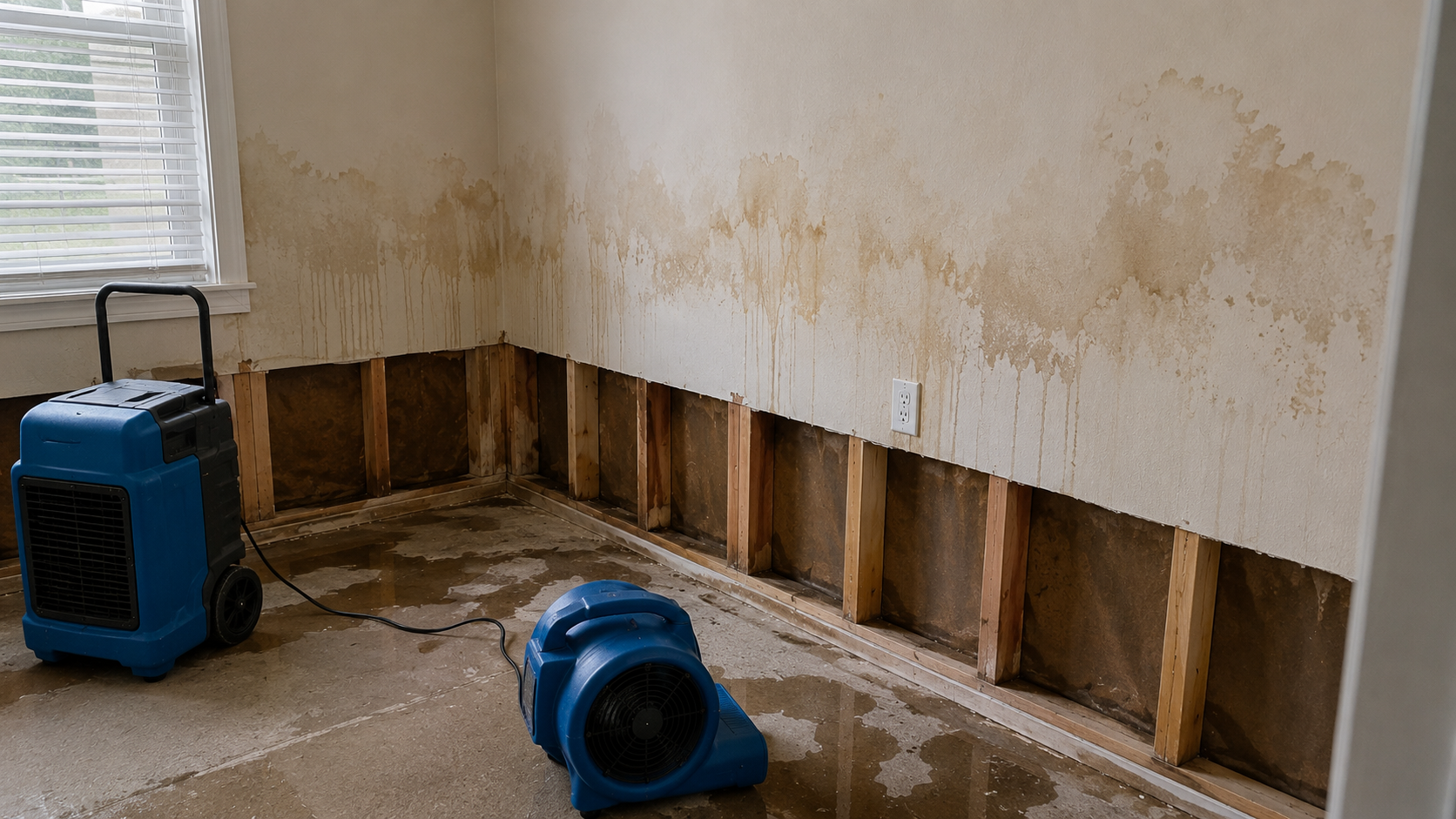 Water-damaged Coquitlam wall with drywall removed down to the studs and drying fans running, beyond the scope of simple paint touch-ups