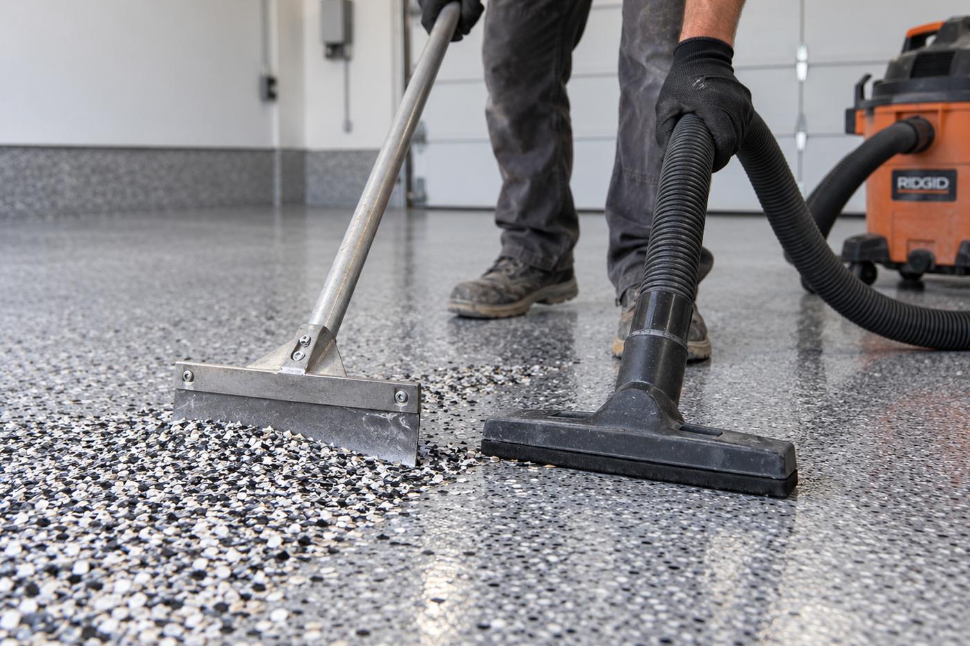 Scraping and vacuuming loose decorative flakes before the clear topcoat